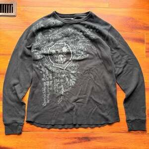 J. Ferrar Men's Black Grunge Cyber Y2K Graphic Thermal Long Sleeve Shirt